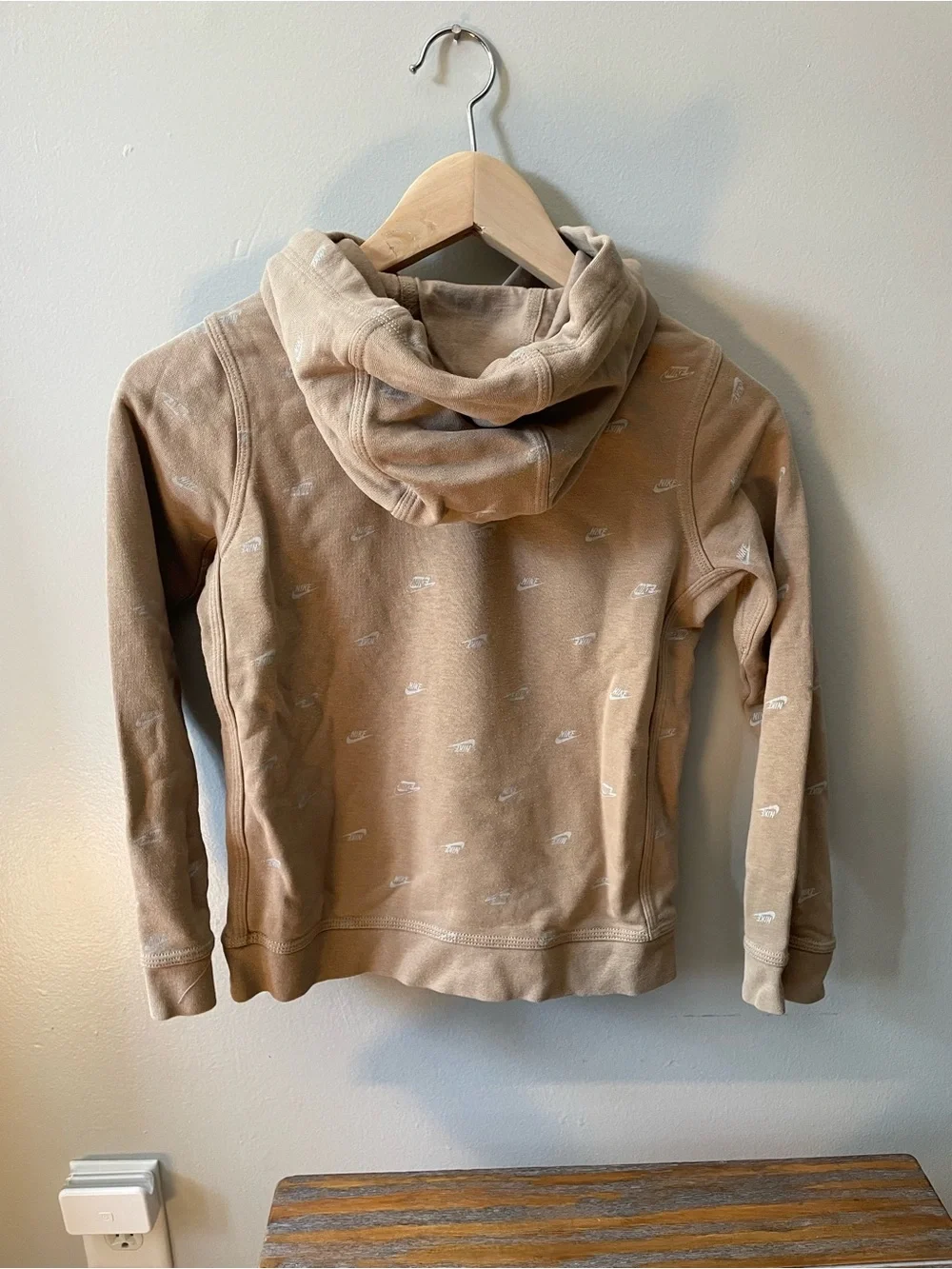 Nike Kids' Tan Hoodie with Micro Swoosh Print - size s